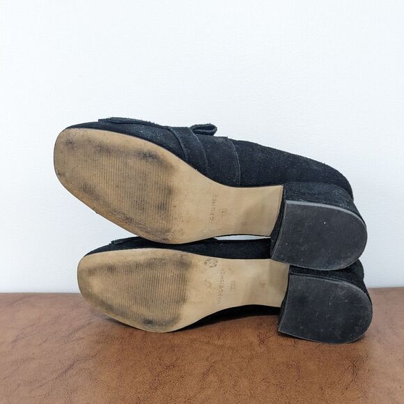 Marc Fisher Mabel Fringe Black Suede Leather Gold Buckle Block Heel Loafer Shoes - Picture 4 of 5